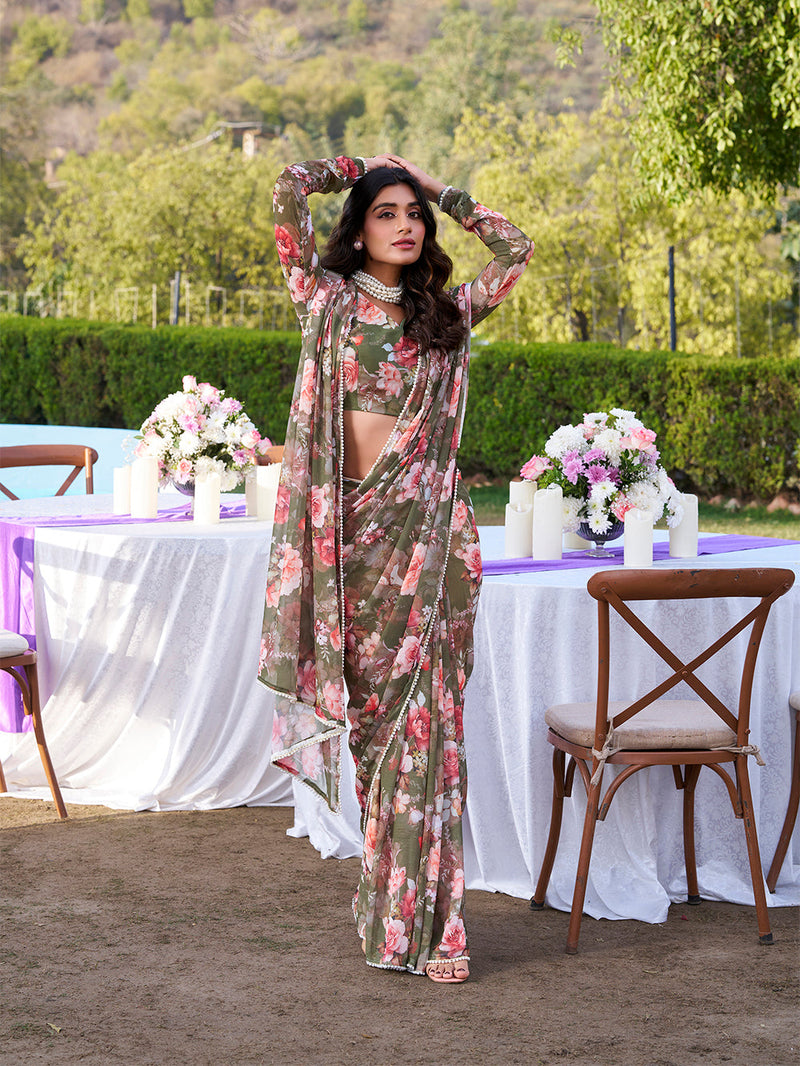 Mehandi Color Printed With Peral Lace Border Weightless Marbal