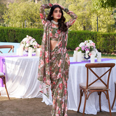 Mehandi Color Printed With Peral Lace Border Weightless Marbal