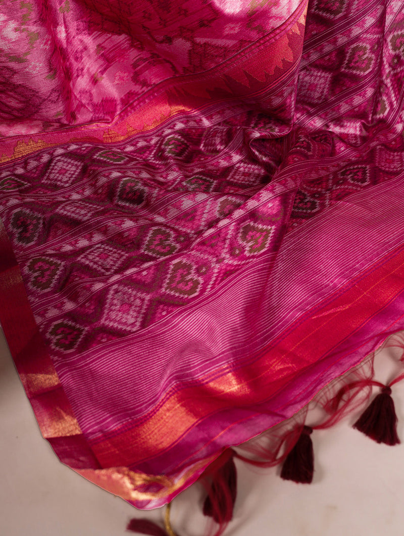 Pink Color Patola Print With Zari Weaving Work Jacquard Silk Saree