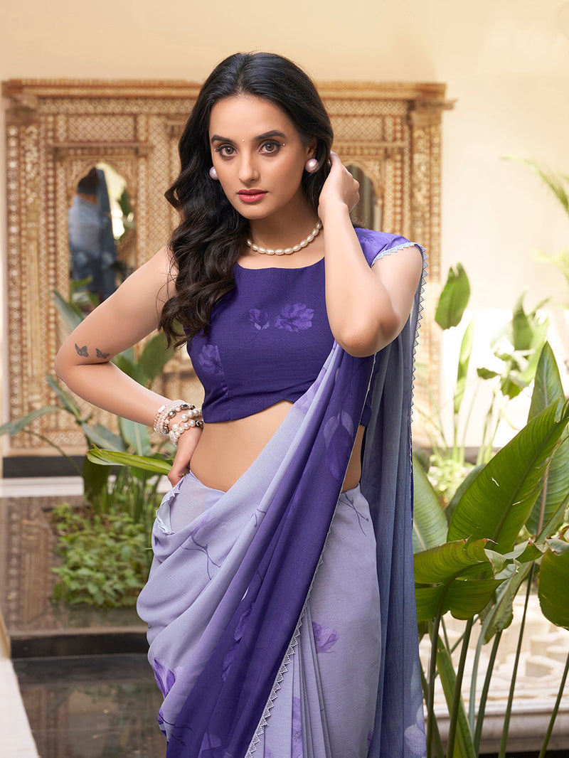 Purple Color Floral Printed With Weightless Marbal saree