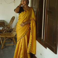 Yellow Color Gadhawal Chex Material & Arca Work Saree
