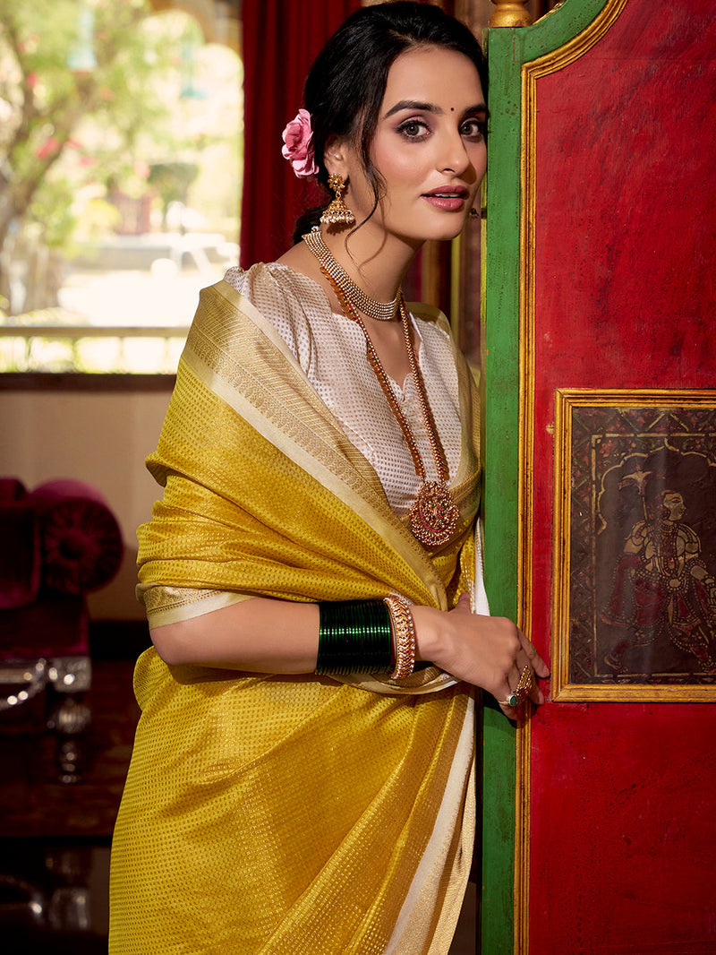 Yellow Color Zari Weaving Work Jacquard Chex South Indian Saree