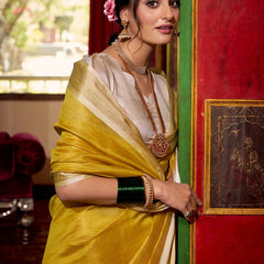 Yellow Color Zari Weaving Work Jacquard Chex South Indian Saree