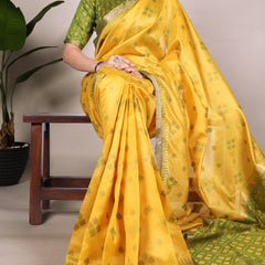 Yellow Color Jacquard Silk Patola Print With Zari Weaving Work Saree