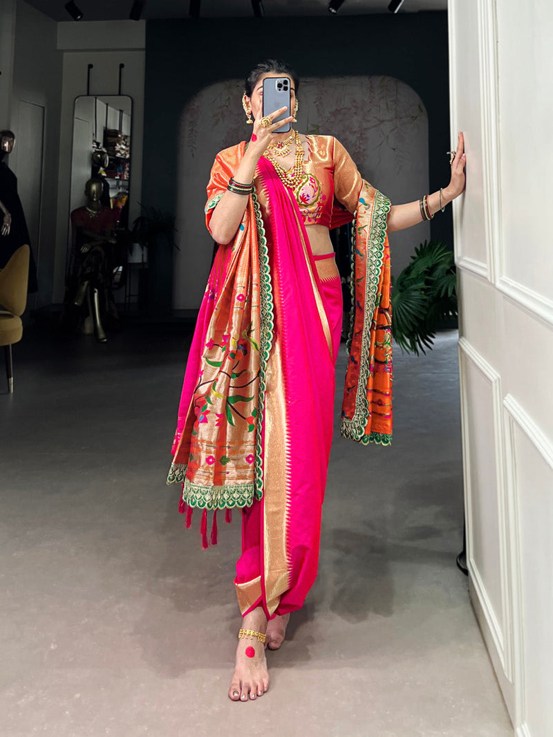 Pink Color Zari Weaving Work With Jacquard Silk (Paithani) Maharashtrian Bride Saree