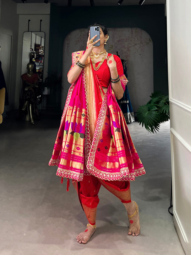 Red color Paithani Zari Weaving Work Jacquard Silk Saree