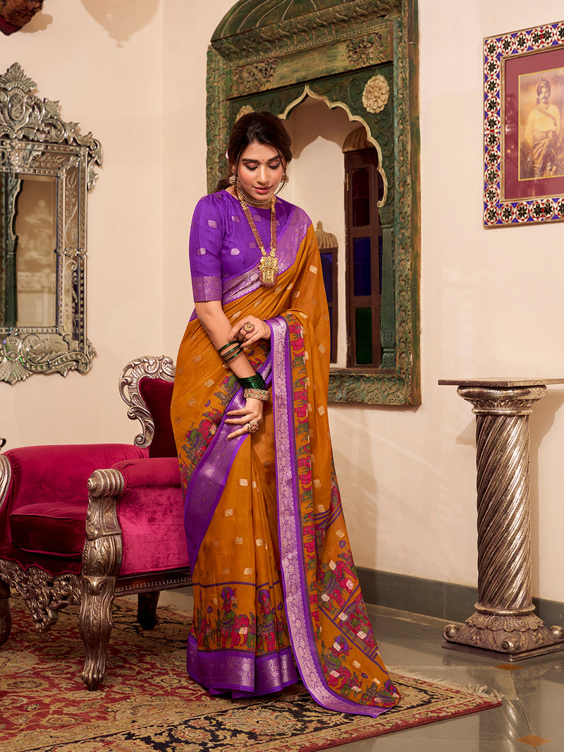 Mustard Color Kalamkari Print With Zari Weaving Work Poly Cotton Saree