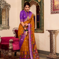 Mustard Color Kalamkari Print With Zari Weaving Work Poly Cotton Saree