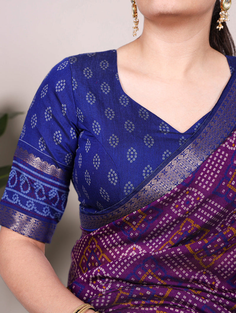 Purple Color Bandhej Print With Zari Weaving Work Viscose Chanderi Saree