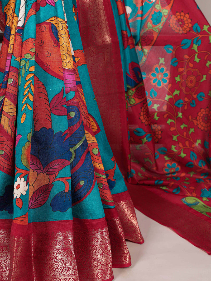 Firozi Color Printed With Zari Weaving Work Tussar Silk Saree