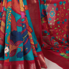 Firozi Color Printed With Zari Weaving Work Tussar Silk Saree