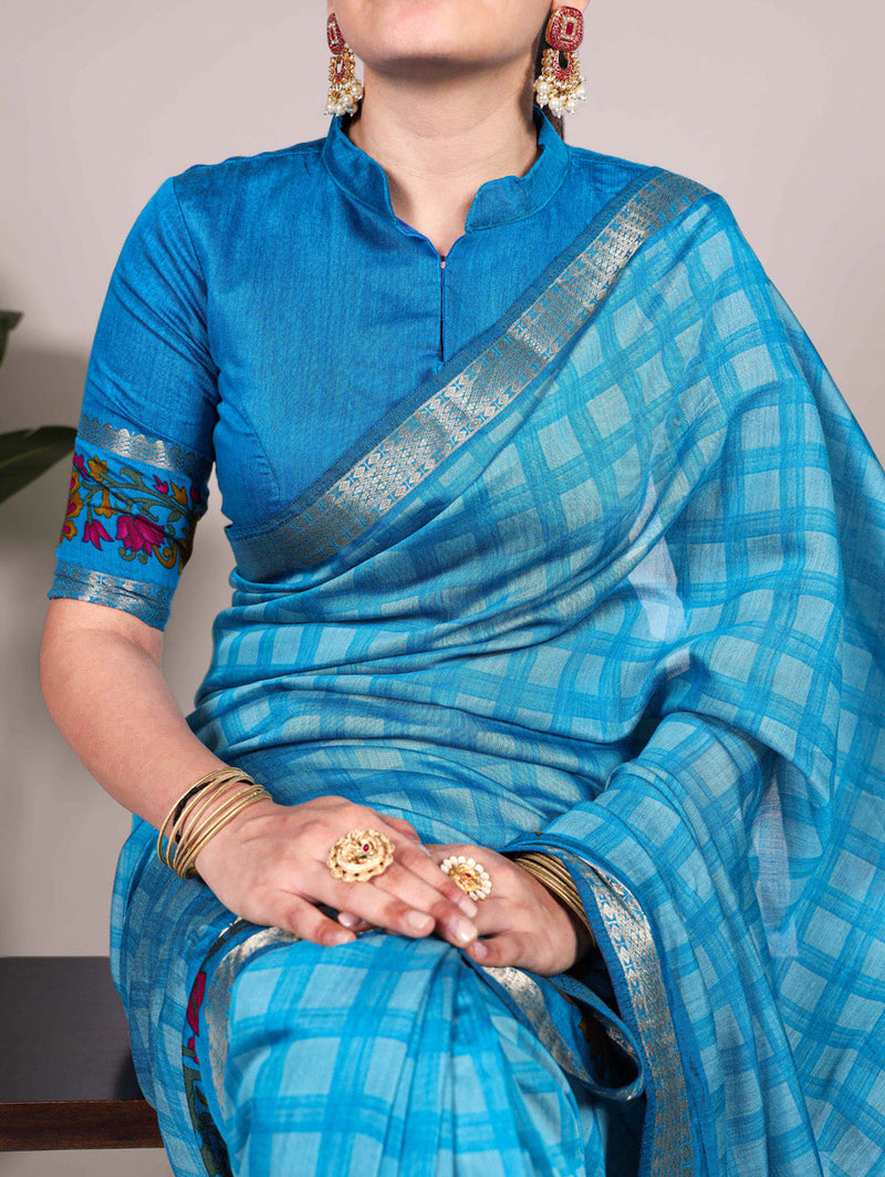 Sky Blue Color Printed With Zari Weaving Work Polyester Viscose Chanderi Saree