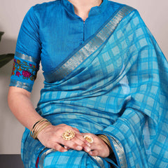 Sky Blue Color Printed With Zari Weaving Work Polyester Viscose Chanderi Saree