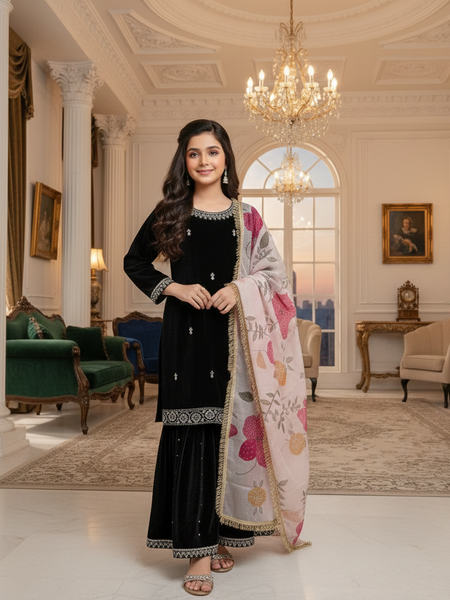 Beautiful Viscose Velvet Kids Top Sharara Full Stitched OC-232