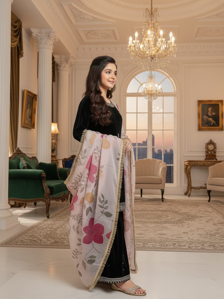 Beautiful Viscose Velvet Kids Top Sharara Full Stitched OC-232