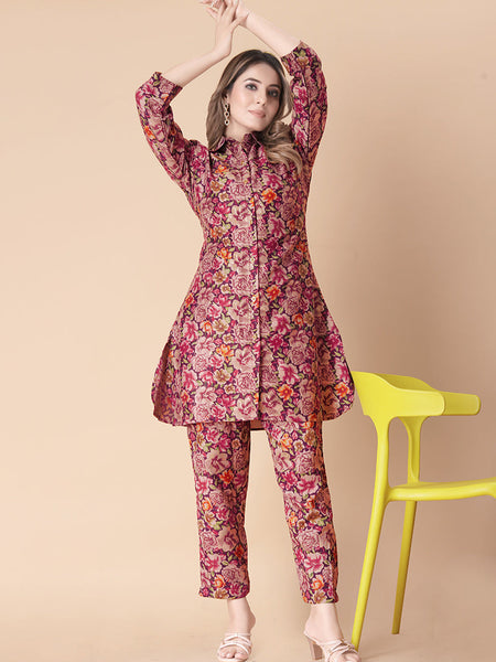 Adorable Maroon Floral Printed Cotton Cord Set