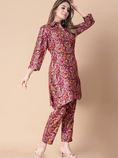 Adorable Maroon Floral Printed Cotton Cord Set