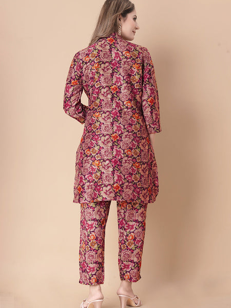 Adorable Maroon Floral Printed Cotton Cord Set