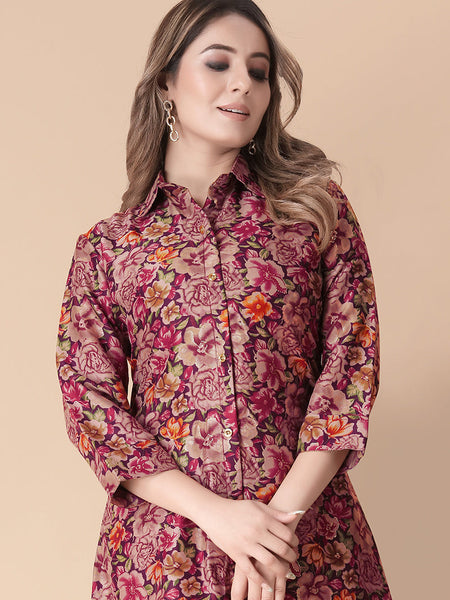 Adorable Maroon Floral Printed Cotton Cord Set