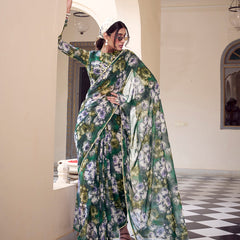Green Color Floral Printed With Peral Lace Border Weightless Marbal Saree