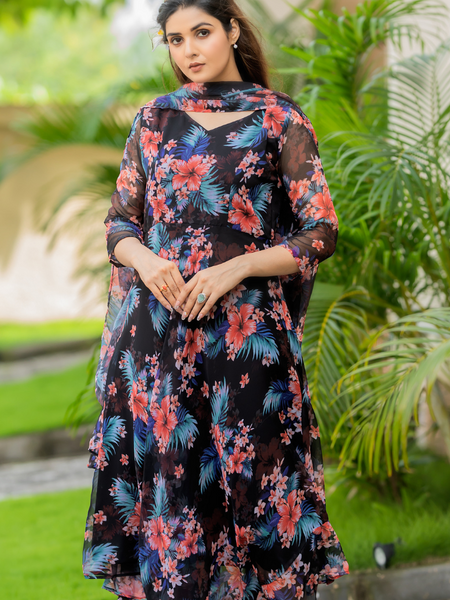 Black Floral Chiffon Dress with Dupatta