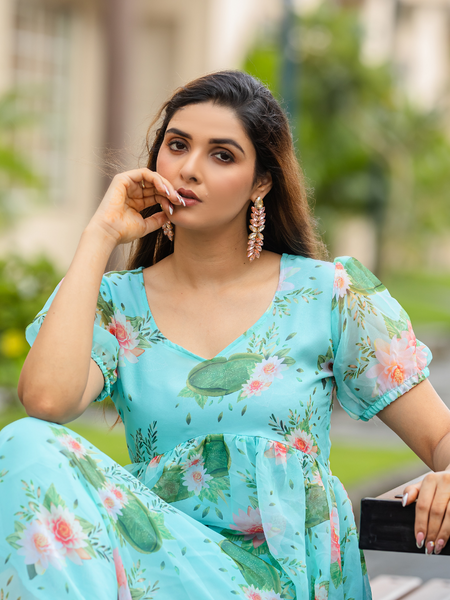 Pastel Blue Floral Empire Waist Dress