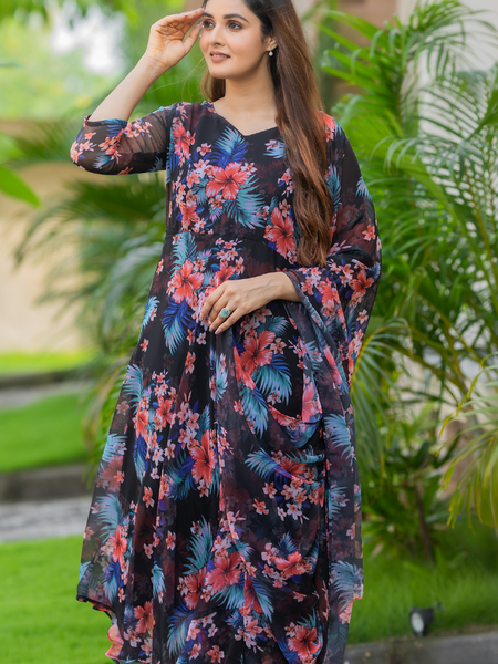 Black Floral Chiffon Dress with Dupatta