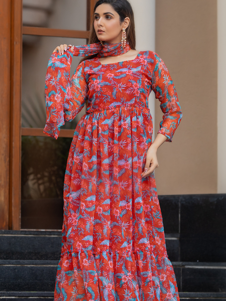 Rust Red Leaf Print Maxi Dress
