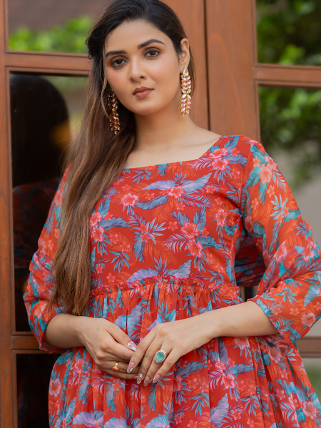 Rust Red Leaf Print Maxi Dress