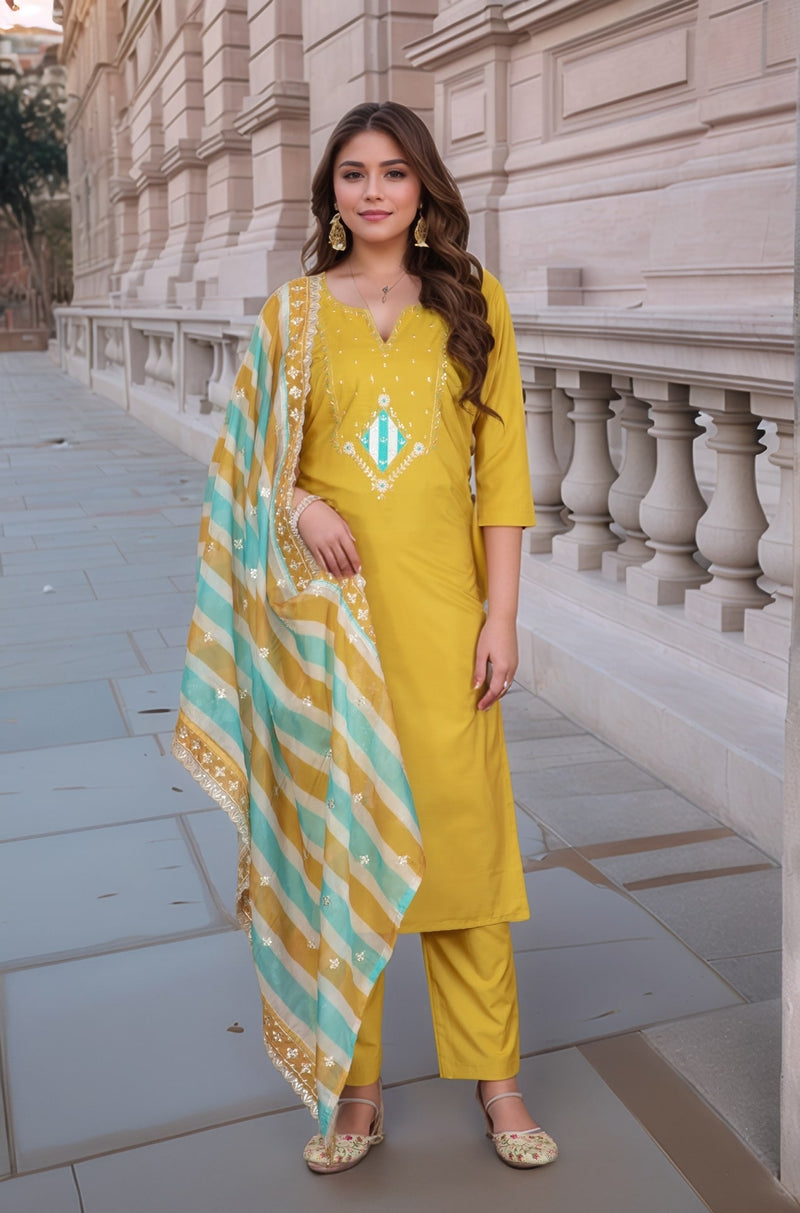 Embellished Embroidery Kurti-Pant-Dupatta Set– by QueenVastra