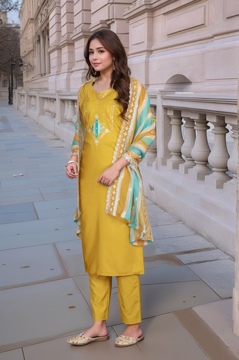 Embellished Embroidery Kurti-Pant-Dupatta Set– by QueenVastra