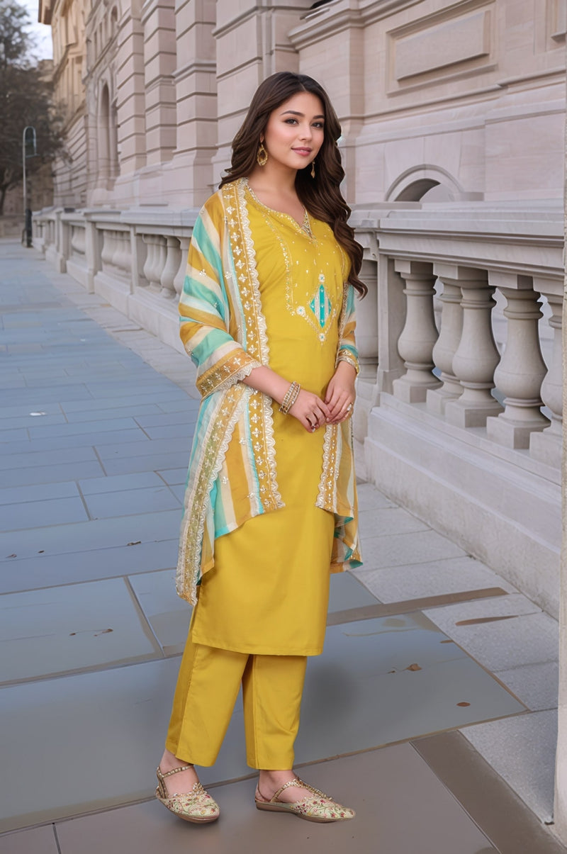 Embellished Embroidery Kurti-Pant-Dupatta Set– by QueenVastra
