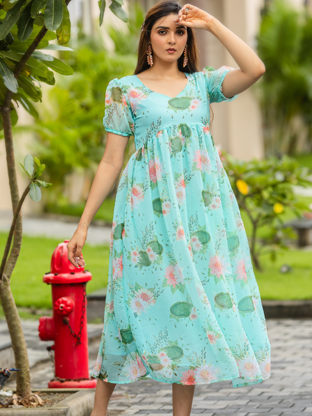 Pastel Blue Floral Empire Waist Dress