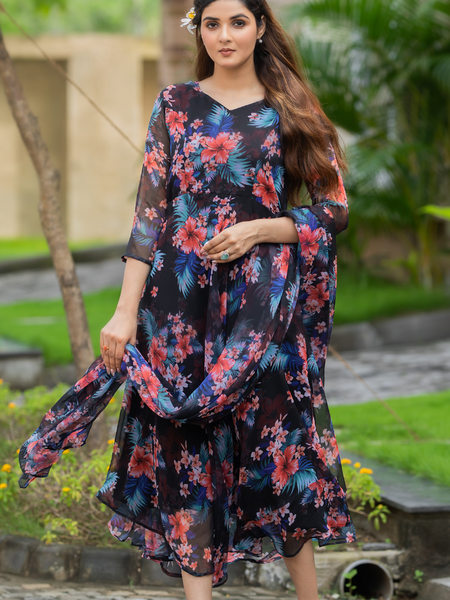 Black Floral Chiffon Dress with Dupatta