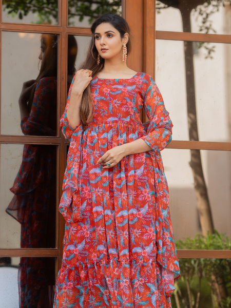 Rust Red Leaf Print Maxi Dress