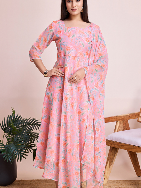 Peach Pastel Leaf Print Maxi Dress with Flowy Dupatta