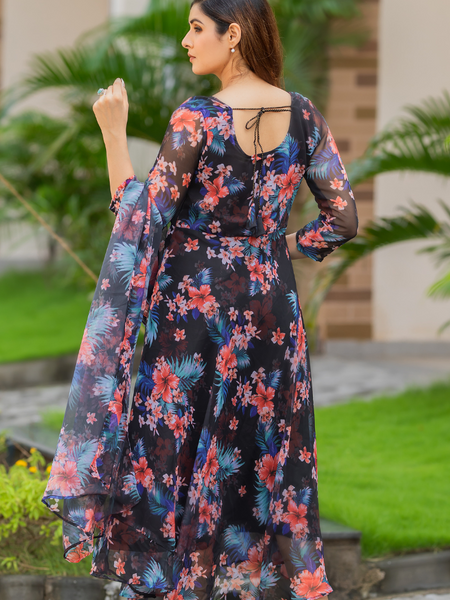 Black Floral Chiffon Dress with Dupatta