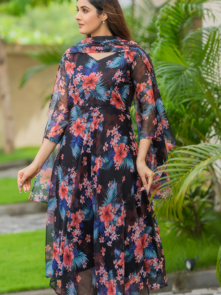 Black Floral Chiffon Dress with Dupatta