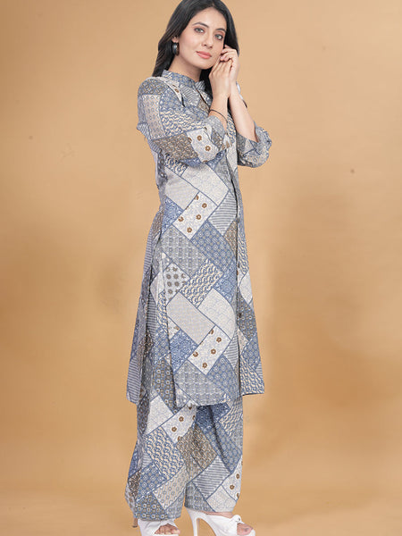 Grey Muslin Cotton Printed Casual Wear Cord Set