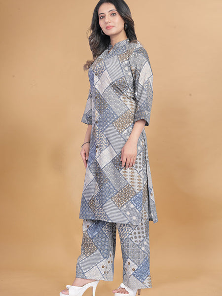 Grey Muslin Cotton Printed Casual Wear Cord Set
