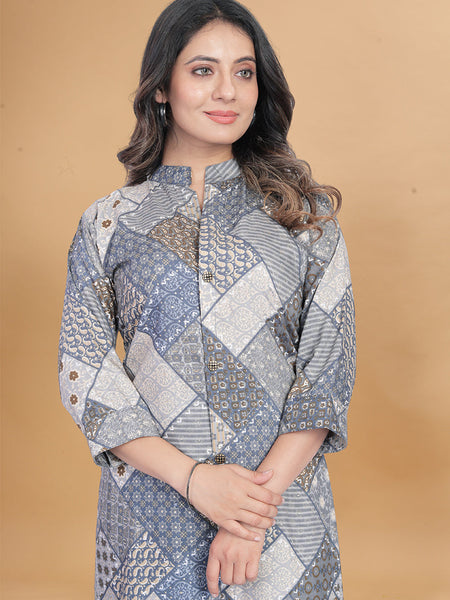 Grey Muslin Cotton Printed Casual Wear Cord Set