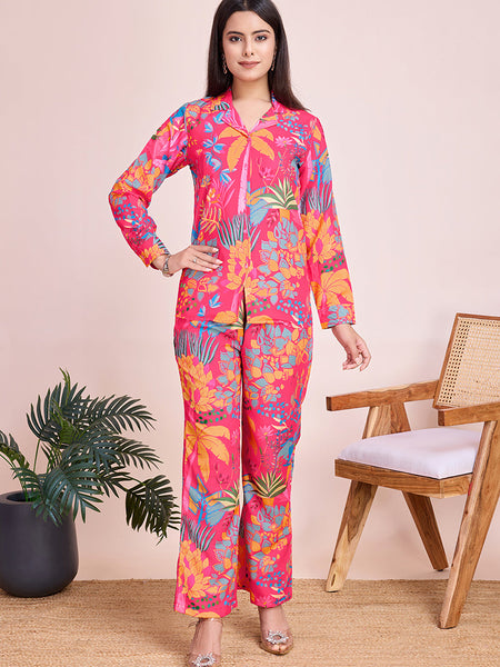 Lively Pink Floral Beach Wear Two Piece Cord Set