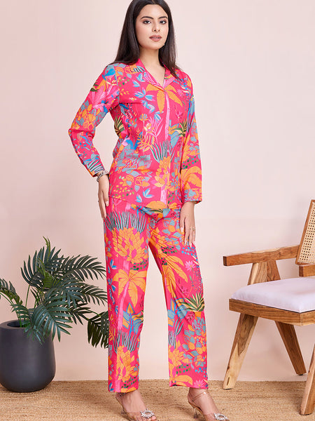 Lively Pink Floral Beach Wear Two Piece Cord Set