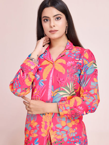 Lively Pink Floral Beach Wear Two Piece Cord Set