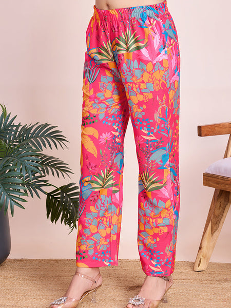 Lively Pink Floral Beach Wear Two Piece Cord Set