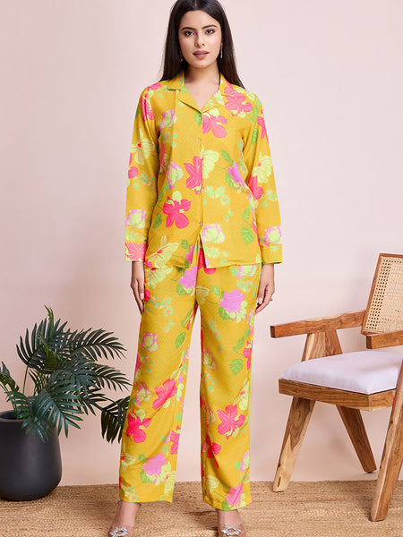 Mystical Yellow Floral Print Party Wear Cord Set