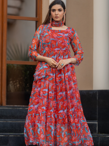 Rust Red Leaf Print Maxi Dress