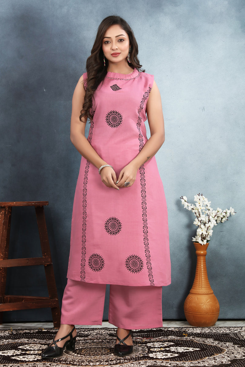 Silk Printed Round Neck Kurti With Pant Set