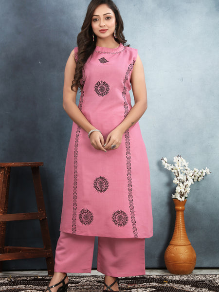 Silk Printed Round Neck Kurti With Pant Set