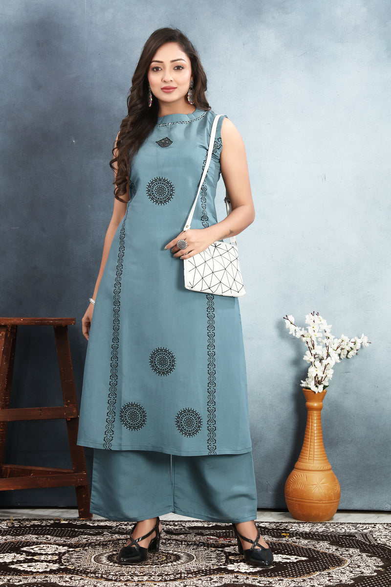 Silk Printed Round Neck Kurti With Pant Set